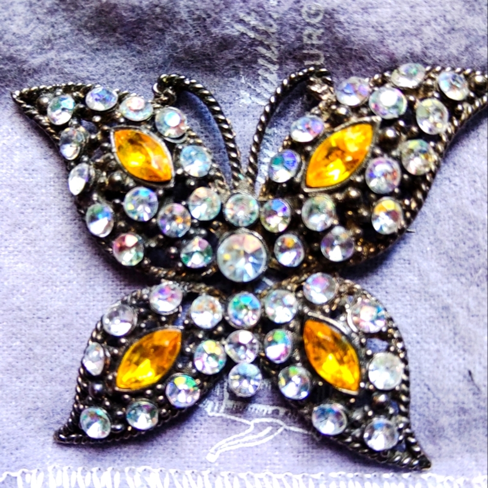 Nolan Miller Gun Metal Butterfly Brooch  Aurora  Borealis & Tourmaline Crystals